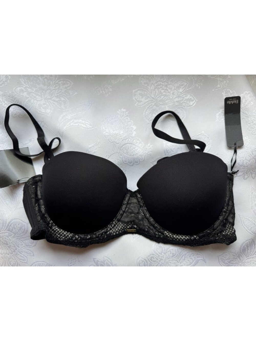 BeMe Black Lace Underwire T-Shirt Bra 32C Adjustable Straps Balconette Bra NEW